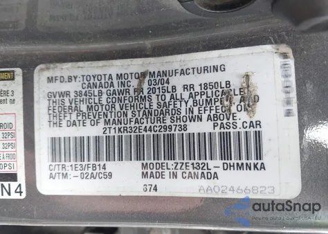 2004 Toyota Matrix Xr из США, поврежденный, VIN 2T1KR32E44C299738